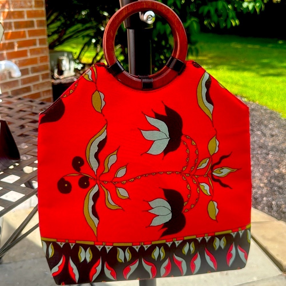 Bag Rafe New York Floral Red Handbag with Wooden Handles